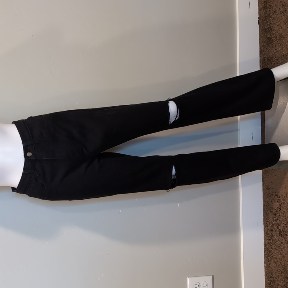 SHEIN Black Straight Relaxed Ripped Knees High Rise Skinny Jeans Size XS